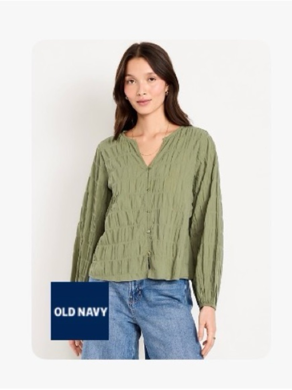 Old Navy Olive Green Smocked Button-Front Women's Top